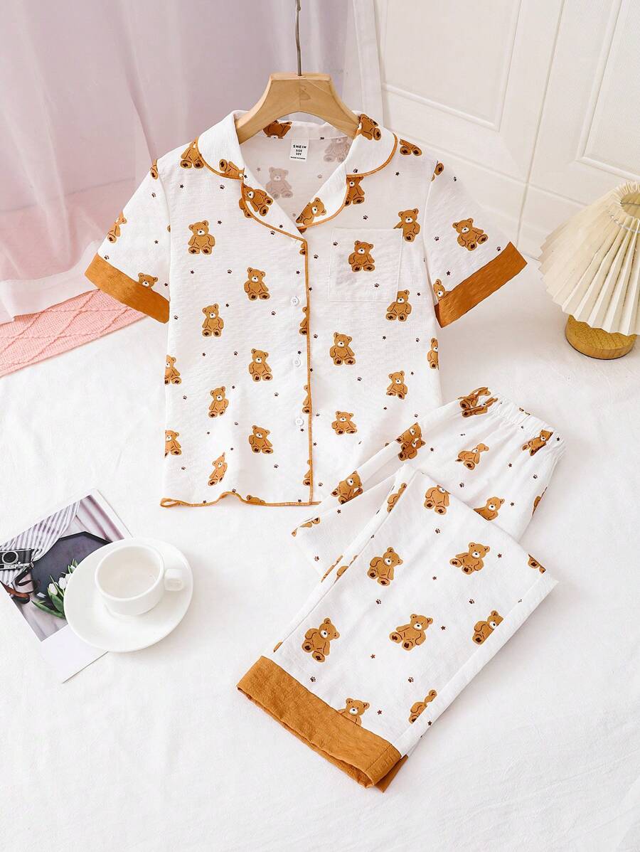 Dozemod Tween Girls Cute Cartoon Bear Pattern Lapel Button Short Sleeve & Loose Weave Pants 2 Pieces Pajama Set - White - View 1