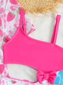 Young Girls Strawberry Print Hollow Out Waist Bowknot One-Piece Swimsuit With Sun Protection Cover Up Jacket, 2Pcs Set - Baby Pink - View 4