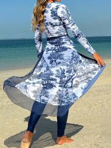 Swim Mulvari Conjunto de burkini de 3 piezas con estampado de palacio en azul y blanco para mujer, que incluye top de manga larga, pantalones y cremallera frontal, elegante y casual para vacaciones y fiestas en la playa