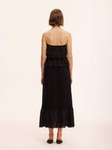 Chiquease Ensemble de 2 pièces femme élégant et décontracté : top court avec ourlet resserré, broderie ajourée, couleur unie + jupe trapèze - Noir - Voir 2