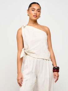 AiiRZ Élégant Top asymétrique à une épaule avec détail de nœud sur le côté. Tenue de vacances, soirée d'été, style de mariage. Blouse de style vacances - Nude - Voir 1