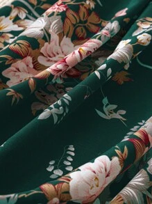 SHEIN Clasi Plus Size Women's Flower Printed Short Sleeve Dress Maxi Women Outfit - Dark Green - View 4