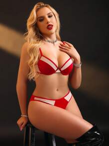 EmpressEnvy 女士拼色钢圈文胸和内裤套装 - 紅色 - 查看 5