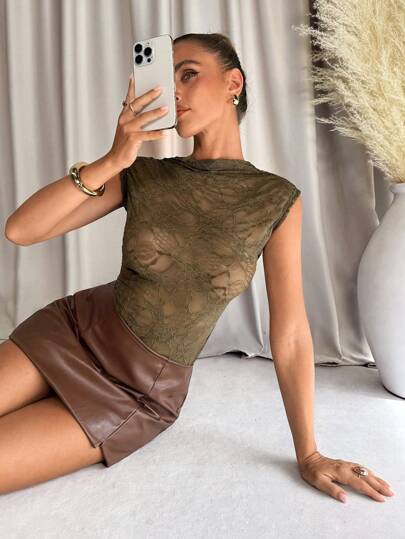 SHEIN Clasi Women's Casual Semi-Sheer Lace Tank Top With Stand Collar And Zipper Detail