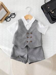 Set de 2 piezas con chaleco y pantalones cortos grises con botonadura doble informal y estilo coreano para niño/niña, adecuado para fiesta de cumpleaños, fiesta de noche, actuación, boda, celebración del mes, bautizo y primer cumpleaños, fiesta de bebé