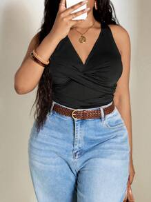 SHEIN PETITE CURVE Summer Beach Women Solid Color Simple Style Bodysuit - Black - View 3