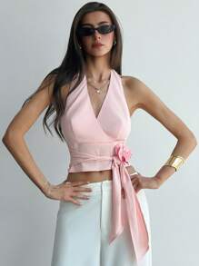 Aloruh Women's Elegant Solid Color 3D Floral Decor Tie-Front Backless Halter Blouse - Pink - View 5