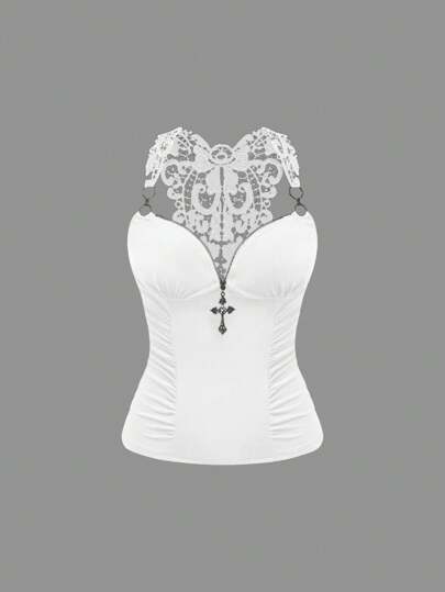 Goth Y2K Retro Eleganter Spitze Patchwork Camisole mit offenem Rücken und Kreuznacken