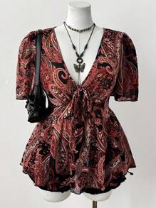 Sweetra Retro einfache lässige vintage DIY locker geschnittene Bluse mit ausgestellten Ärmeln, geschnürter Taille und Vorderbogen Dekor für Frauen