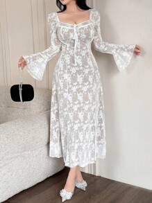DAZY Sukienka imprezowa damska na wiosnę i lato, koronkowa, średniej długości, elegancka, sukienka Milkmaid, falbanka, jesień, zima - Biały - Zobacz 1