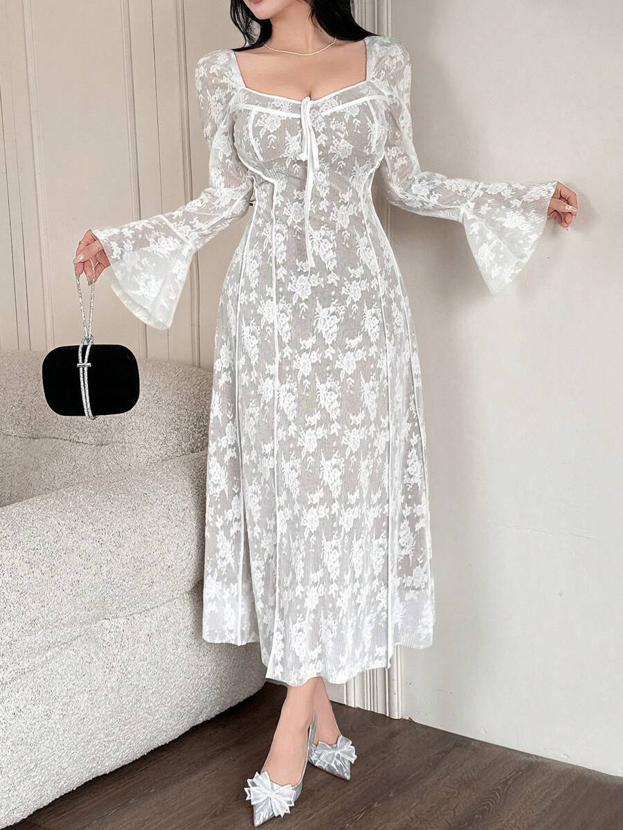 DAZY Sukienka imprezowa damska na wiosnę i lato, koronkowa, średniej długości, elegancka, sukienka Milkmaid, falbanka, jesień, zima - Biały - Zobacz 1