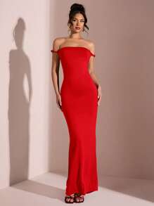 SHEIN BAE Elegant Off Shoulder Backless Bodycon Ruched Wine Red Long Dress For Women, Suitable For Valentine's Day Date