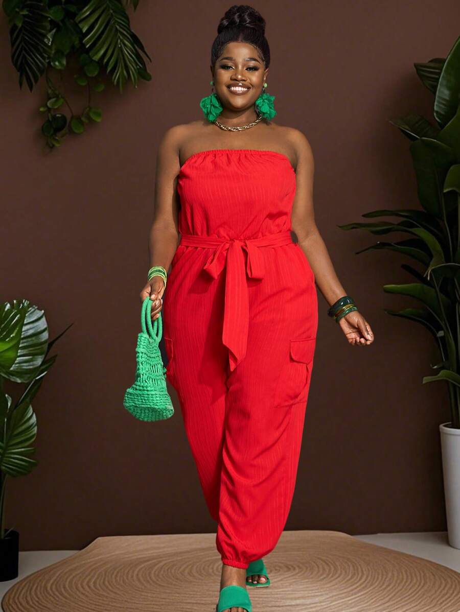 Slaydiva 大码女式休闲纯色连体裤，配有口袋、抽绳腰部和抹胸上衣