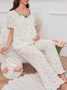 Rose Ditsy Floral Ruffle Hem Bubble Crinkle Romantic Maternity Pajama Set - Apricot - View 3