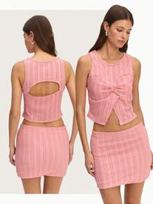 Nöista Conjunto de top y minifalda de color rosa pastel para el verano, con diseño de costura en el pecho y nudo frontal con pequeña abertura. Perfecto para el verano, eventos nupciales o de Pascua