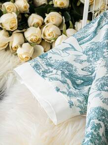 SHEIN LUNE 大码随机印花夏季休闲纽扣半襟连衣裙 - 藍白色 - 查看 4