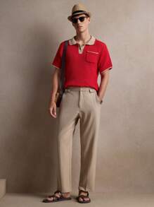 AKNOTIC Men's Crochet "Old Money" Pattern Casual Knitted Polo Shirt, Fashion Daily Wear, Suitable For Commute, Summer, Vacation, Party, Wedding, Couples, Boyfriend Gift, Beachwear - Red - View 2