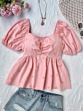 Flirla Plus Size Pink Round Neck Cute Romantic Daily Casual Vacation Versatile Puff Sleeve Bow Decor Chest Ruffle Print Blouse, Spring/Summer