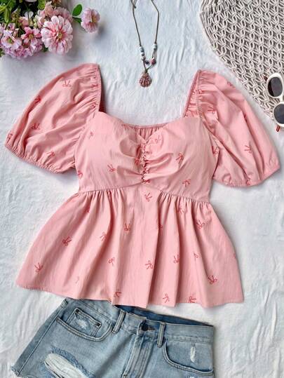 Flirla Blusa de manga abullonada con cuello redondo, volantes en el pecho, lazo decorativo y estampado, en color rosa, ideal para uso diario casual o vacaciones, tallas grandes, para primavera/verano