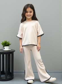 SHEIN 2Pcs/Set Young Girl Contrast Trim Short Sleeve Top & Pants Set - Beige - View 3
