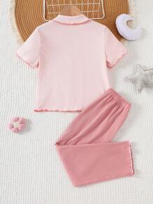 2 件套少女夏季休闲粉色短袖上衣和配套深粉色裤子睡衣/家居服套装假日旅行休闲夏装 - 彩色 - 查看 3