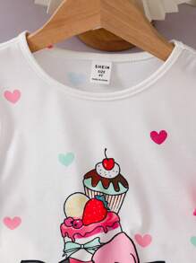 SHEIN Young Girl Round Neck Contrast Ruffle Cuff Short Sleeve Cartoon Pattern Cute Casual Nightgown - Pink - View 3