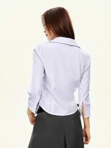 Rina Fox 女士夏季条纹翻盖修身正式商务工作衬衫