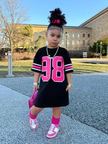 Young Girl Fashion Street Style Round Neck Numeric Print Jumper Dress, Pink, Black - Black - View 5