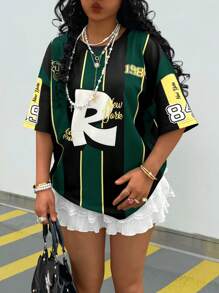 Rovax 女士对比条纹数字印花短袖 T 恤 - 墨綠色 - 查看 4