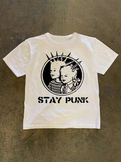 INAWLY Vintage "Stay Punk" Letter & Cartoon Graphic T-Shirt, Casual & Streetwear Style Loose Fit Round Neck T-Shirt For Women, Summer