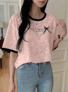 DAZY 春季新款宽松休闲女式 T 恤，带字母印花和蝴蝶结装饰 - 粉色 - 查看 3