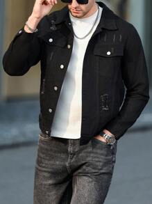Manfinity LEGND Chaqueta de jean de manga larga con un solo pecho y bordes deshilachados para hombres de talla grande