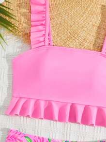 Conjunto de bikini para niña preadolescente con Top de tirantes con volantes y Bottom triangular estampada en unicolor para playa y resort - Rosa Pálido - Ver 3