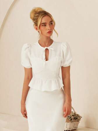 Glamine 镂空系带泡泡袖荷叶边下摆女士短袖衬衫，春夏女装