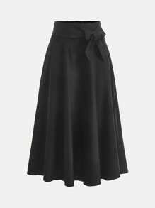SHEIN Girlism TEEN GIRL Black Bowknot Waist Mid-Length Skirt, Elegant School Uniform A-Line Skirt