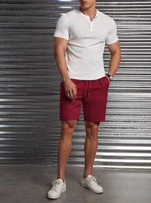 Manfinity VCAY Men's Casual Woven Mid-Waist Drawstring Straight Leg Shorts, Suitable For Daily Wear