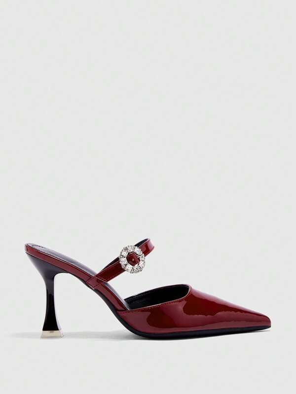 CUCCOO CURVES Plus Size Wide Width Pointed Toe High Heel 9CM Hollow Out Elegant Sexy Wine Red Strappy Rhinestone Buckle Daily Work Holiday Summer Sandals