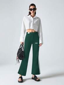 SHEIN EZwear 女式时尚侧条纹撞色刺绣针织裤 - 墨綠色 - 查看 5
