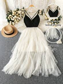 Rometta 法式优雅修身深 V 领高腰长裙，网眼拼布针织吊带背心裙，大码女式长款女装 - 彩色 - 查看 1