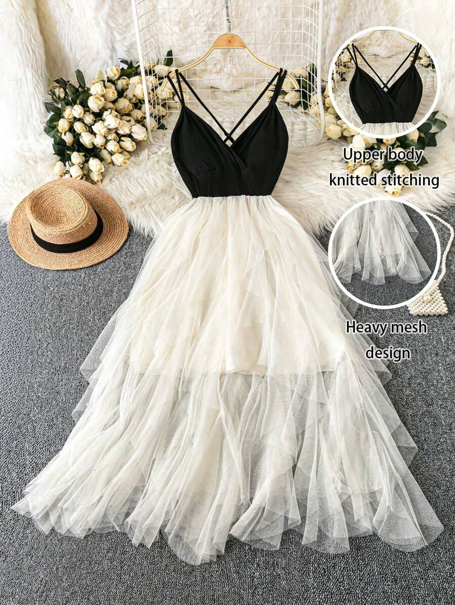 Rometta 法式优雅修身深 V 领高腰长裙，网眼拼布针织吊带背心裙，大码女式长款女装 - 彩色 - 查看 1