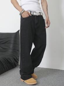 Manfinity Homme Men's Letter Embroidered Pocket Wide Leg Loose Black Jeans - Black - View 5