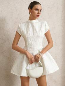 EMERY ROSE 女式复古法式撞色提花盖袖修身腰喇叭迷你连衣裙波西米亚风度假时尚夏季 - 白色 - 查看 5