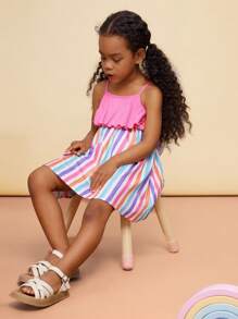 SHEIN CutesyCutie Young Girl Solid Color Ruffle Hem Splicing Woven Stripe Camisole Dress - Multicolor - View 6