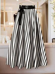 Franclia Fashionable Commuter Striped Decorative Waist Belt A-Line Skirt Fall Cloth For Women - Black and White - View 1