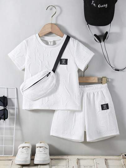 SHEIN Explorewe 3pcs/Set Young Boy Letter Knitted Jacquard Casual Short Sleeve T-Shirt, Shorts And Bag Set, Suitable For Daily Casual Outing, Spring/Summer Summer Holiday