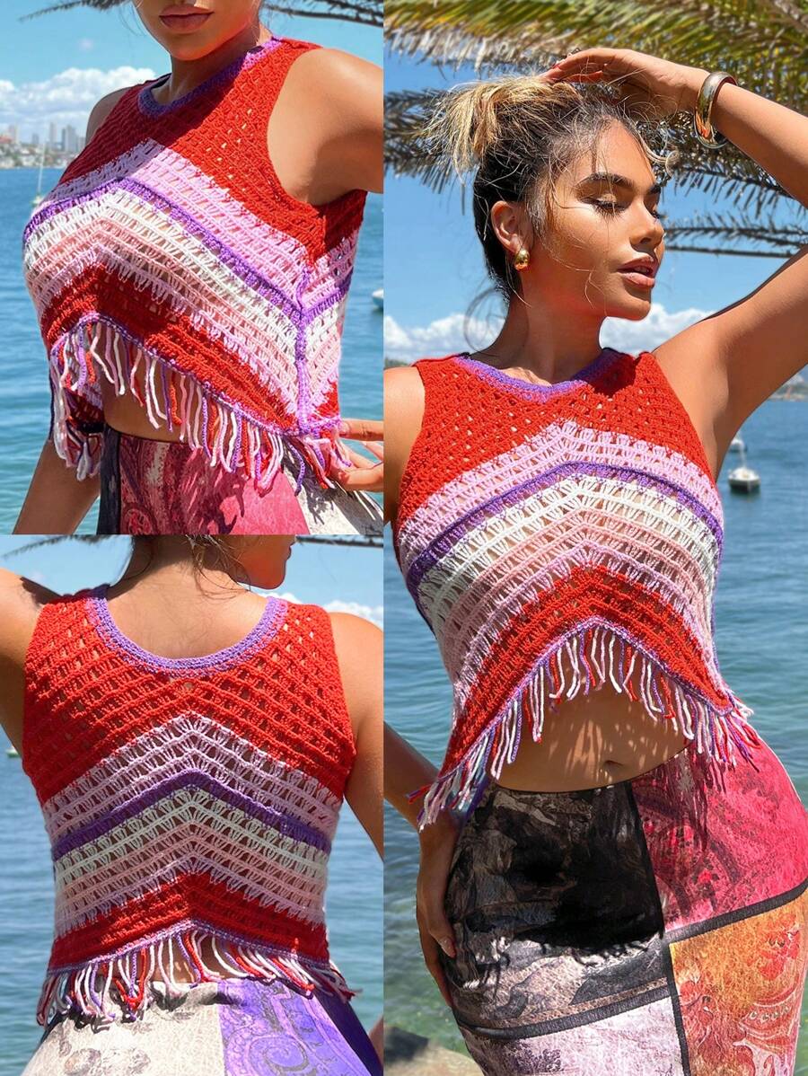 SHEIN SXY 全新春夏修身拼色镂空钩针流苏短款针织上衣女式毛衣 - 彩色 - 查看 1