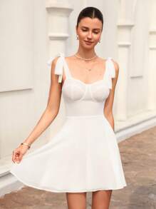 Aveloria Rosie French Sweet & Delicate Fairy Chiffon Ruffle Bowknot Sleeveless Waisted Slim Mini Dress For Women, Pure White   Old Money Style For Summer