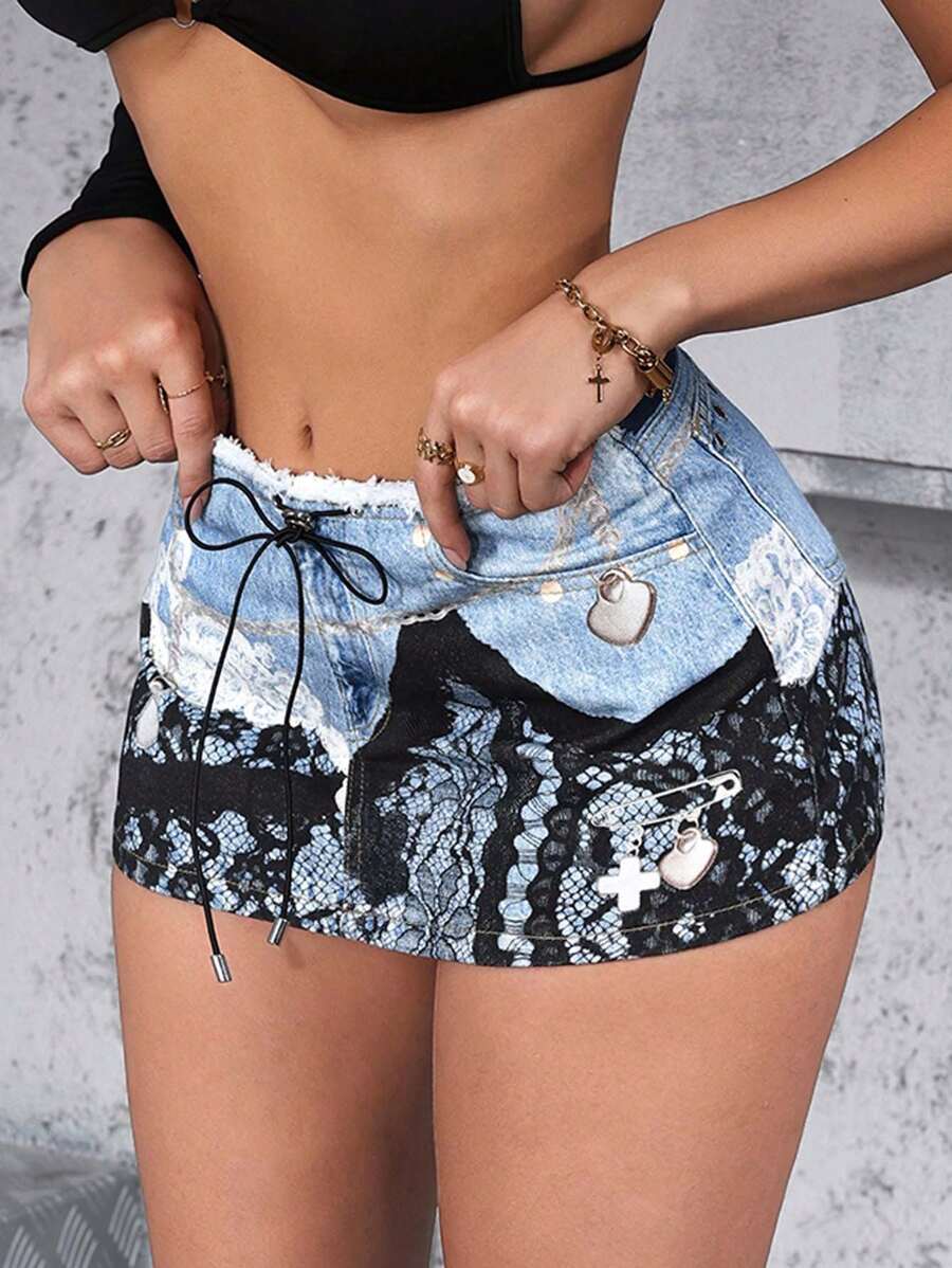 SHEIN ICON 女士时尚性感拼色印花迷你牛仔裙 - 藍色 - 查看 1