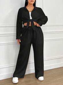SHEIN EZwear Plus Size Women Solid Color Long Sleeve Shirt And Wide Leg Pants 2 Pieces Set - Black - View 5