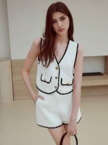 MOTF STUDIO LINEN CONTRAST BINDING WAISTCOAT - Black and White - View 3